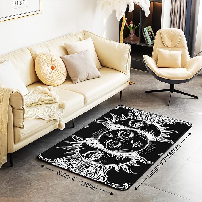 Erosebridal Sun and Moon Area Rug 4x5 Boho Exotic Style Rugs for Adult Women Teens Black White Bohemian Mandala Decor Down, Bohemian Botanical Floral Non Slip Decorative Rug