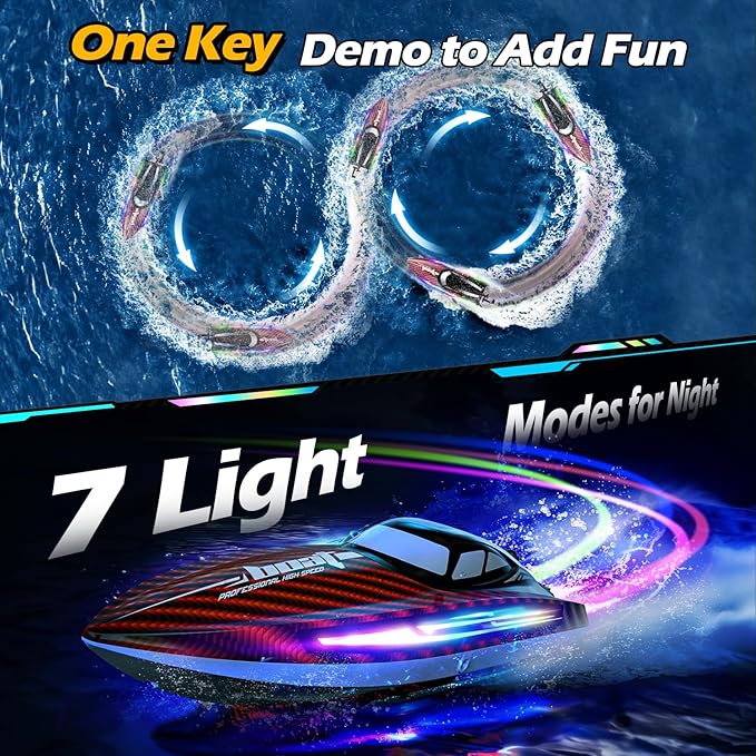 RC Boat 30KMH with 7Light Modes,Remote Control Electric Fast Speed Boat for Adults Kids 8-12 Lake Pool Water Play,Self-righting,Demo,Water Cooling,Full Waterproof,20 Mins,Low Battery Alert,2.4Ghz,Red