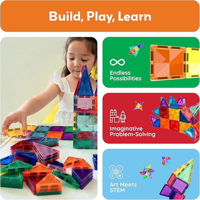 PicassoTiles 80 Pieces Magnetic Building Tiles Magnet Toys Diamond Educational Playset for STEM Sensory Gifts Kid Brain Development Stacking Blocks Construction Set