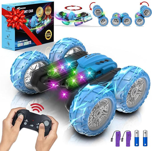 RC Stunt Car Double Sided roll,360°Rotating Teton Remote Control Car-LED Headlights and Colourful Light Wheels,All Terrain,Rechargeable Toys for Kids Ages 6-12,8-10 Year Old Boys