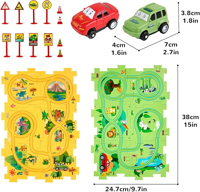 Plastic Floor Puzzles for Kids with 2 Cute Vehicles, Puzzle Racer Kids Car Track Set, Montessori Toys for 3 4 5 6 Year Old Boys, Gifts for 3 4 5 6 Year Old Boys, Toys for Ages 2-4