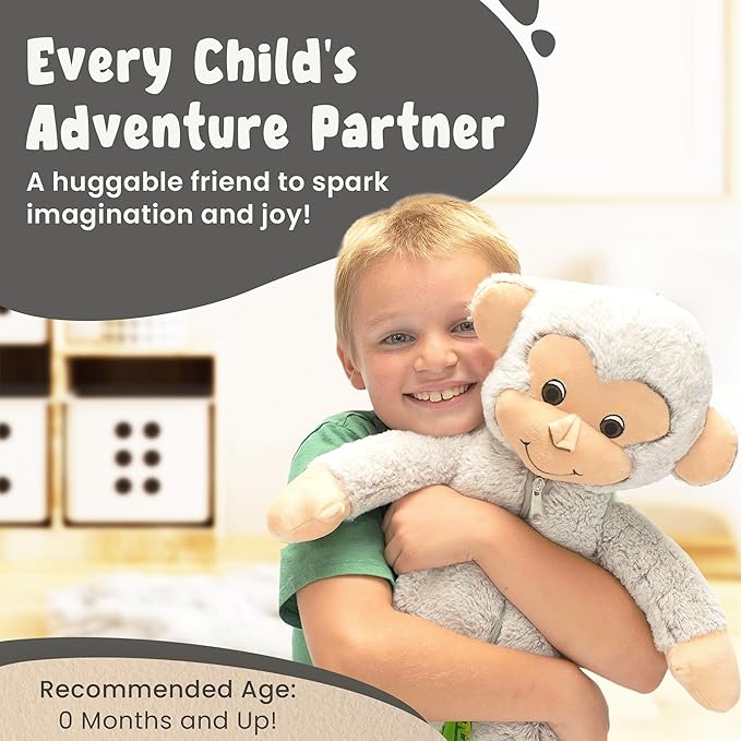 DreamsBe Monkey Stuffed Animal with 3 Baby Monkeys for Boys & Girls - Plush Stuffie with Zippered Pocket for Babies - Monkey Gift for Kids Ages 3 4 5 6 7 8 9 Years