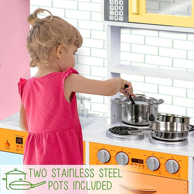 Lil' Jumbl Kids Kitchen Set, Pretend Wooden Play Kitchen, Battery Operated Icemaker & Microwave with Realistic Sound, Pots & Pan Included - Colorful