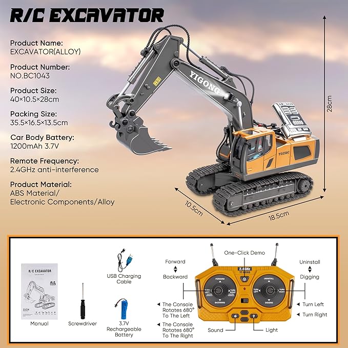 Remote Control Excavator Toy for 6 7 8 9 10 Years Old Kids, 2×1200mAh 11 Channel RC Digger with Metal Shovel, 680 Degree Rotation 2.4Ghz Simulated Sound & Lights, Ideal Gift for Birthday