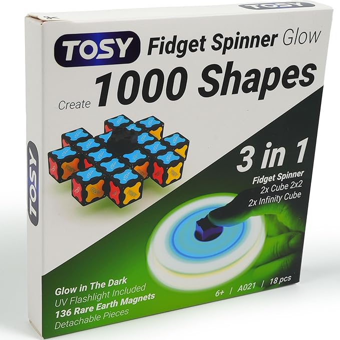 TOSY Magnet Fidget Spinner Glow - 16 Blocks, 3 in 1 Toy: Transformable Fidget Spinner, Infinity Cube, 2x2 Puzzle Cube, Glow, Stress Relief, STEAM Magnet Tiles Birthday Gift for Kids/Boys/Girls/Adults