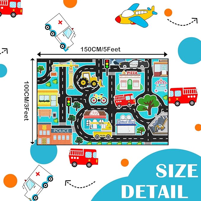 Car Rug Play Mat - Kids Play Rugs City Life Road Map Rug 3x5 Feet Large Educational Traffic Track Car Mat for Kids Toy Cars Carpet for Kid Bedroom Playroom Classroom Decor