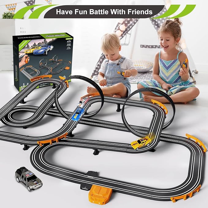 Slot Car Race Track Set Electric or Battery Powered Racing Car Track for Kids Boys, with 4 High-Speed Cars and 2 Hand Controllers,Dual Racing Game Toys for Children Age 6 7 8 Years Old