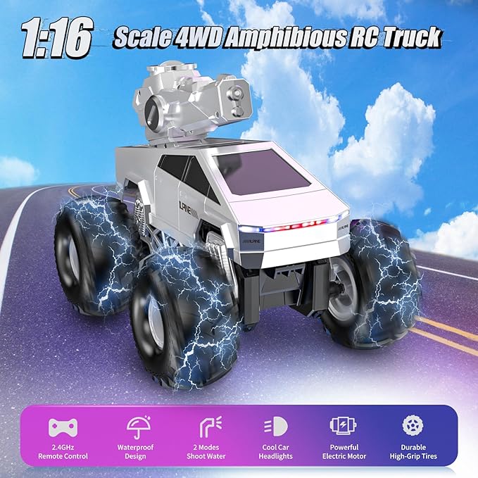 1:16 Remote Control Car, 2.4GHz Shoot Water RC Cars, 4WD Amphibious RC Truck, All Terrain Off-Road Remote Control Monster Truck, Pick-up RC Car Toy for Boys Girls Ages 6+