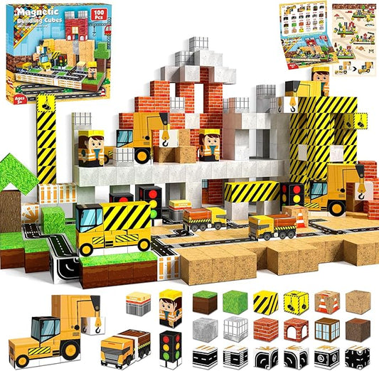 Magnetic Blocks-100PCS Magnetic Building Blocks, Magnetic Blocks Road with Car STEM Toddler Kids Toys, Construction Toys for Kids Ages 3+, Christmas Birthday Gifts for Boys & Girls