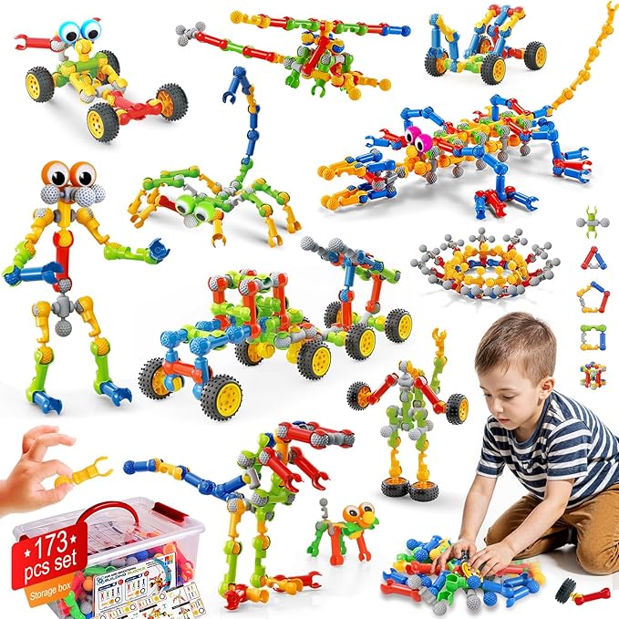 173pcs Kids Building Kit STEM Toys Building Blocks Toy Ages 4-8 Educational Construction Engineering Toys for 3 4 5 6 7 8 Year Old Boy and Girl Creative Kids Games Learning Activities