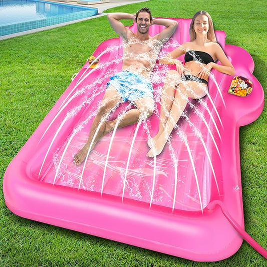 Inflatable Tanning Pool Lounger Float with Sprinkler, 83" x 63" Extra Large Pool Floats Adult with Pillow Cooler Tray, 6 in 1 Suntan Tub Raft Floatie Sunbathing Bed Water Summer Backyard Fun XL-Pink