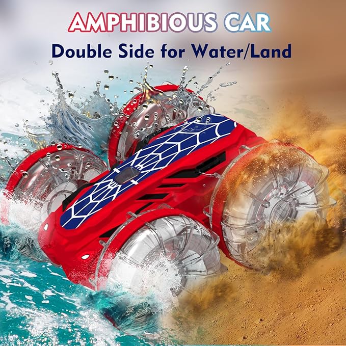 Spider Amphibious Remote Control Car Boat, 4WD Waterproof 2.4 GHz Pool Toys for Ages 6 7 8 9 10 11 12, 360° Gesture Sensing RC Stunt Car with LED Lights, Boys Girls Gifts All Terrain Water Toy