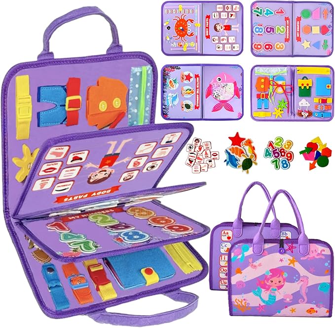 Qizfun Busy Board Montessori Toys for 1 2 3 4 Year Old, Educational Sensory Preschool Learning Toys for Toddlers 1-3, Car & Airplane Travel Activities Toys for Kids Ages 2-4, Girl Birthday Gift