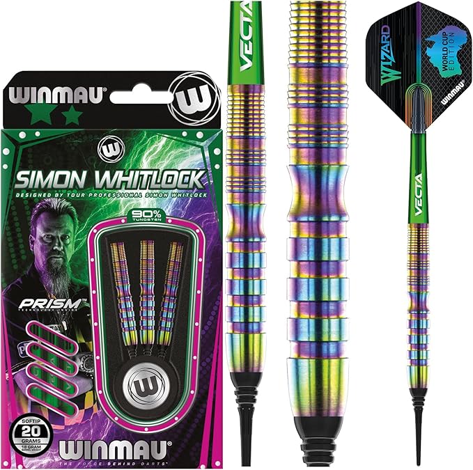 Winmau Simon Whitlock Urban World Cup Edition 20g Gram Professional Soft Tip Tungsten Darts Set with Flights and Stems (Shafts)