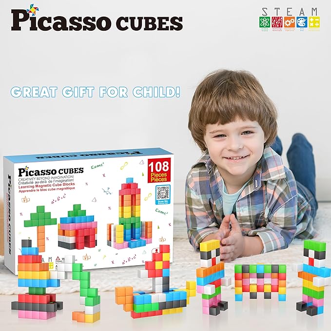 PicassoTiles Magnet Cube Building Blocks 108 Pieces 1.2" 3CM Magnetic Cubes Toy Construction Building Educational Sensory Toys with Idea Booklet for School & Preschool Kids Boys Girls Toddlers PMC303