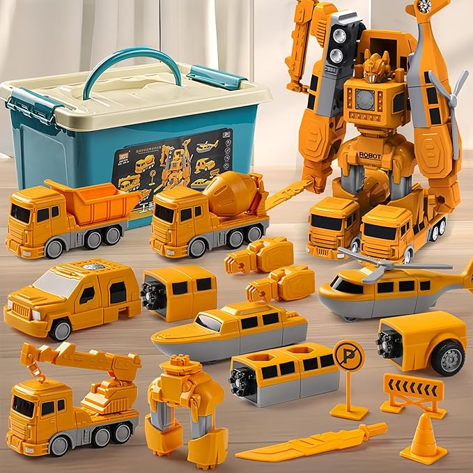 Mangetic Transform Engineering Car Assembled Toys, Transforming Robot Car Toy, Kids' Play Construction Vehicles, Outdoor Toddlers Activities Toys Magnetic Blocks for Kids Age 3-8(Yellow-26pcs)
