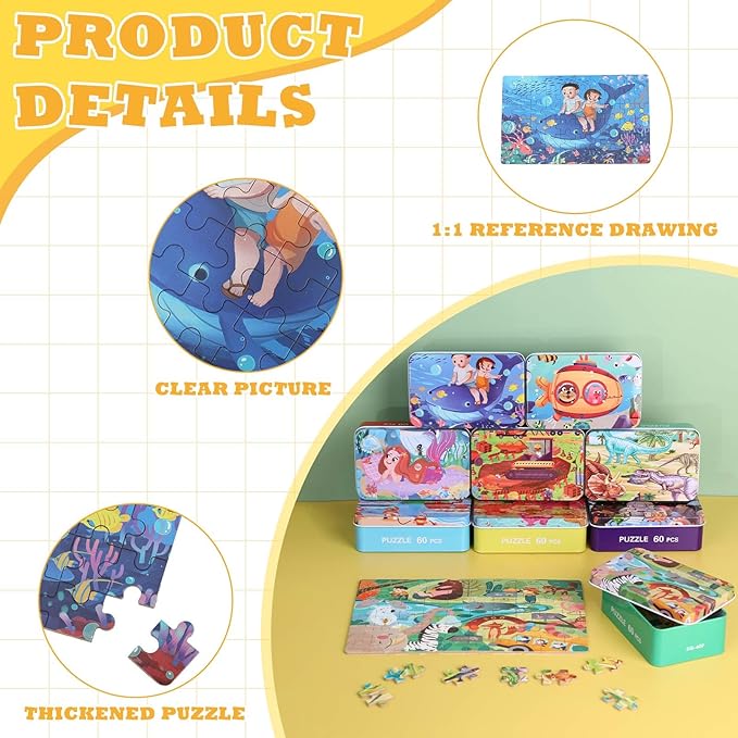 Libima 9 Boxes Party Favors Jigsaw Puzzles in a Metal Box for Age of 4-8 Wooden Puzzle for Ages 4-8 Boys and Girls Learning Educational Toys 9 Styles(Lovely Style)