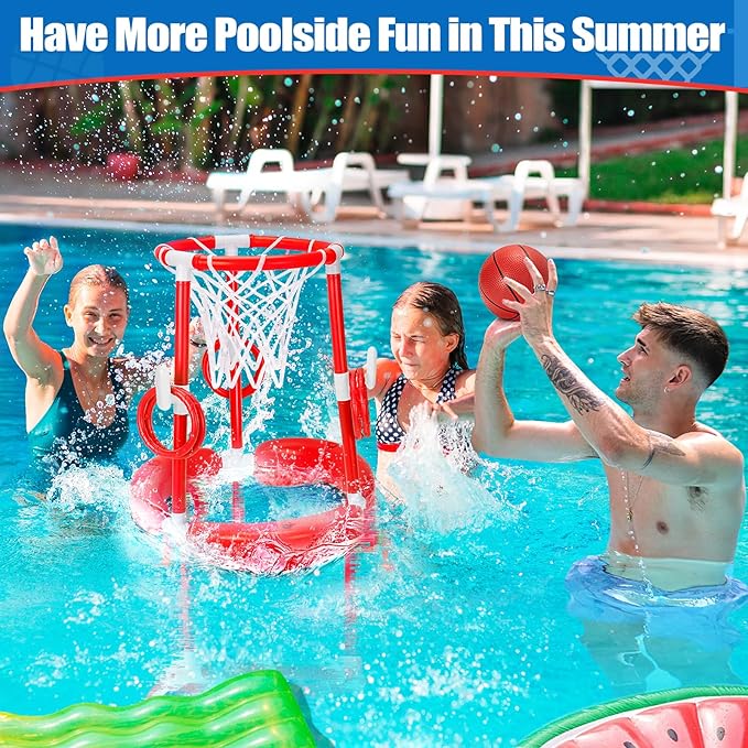 GMAOPHY Pool Basketball Hoop, 2-in-1 Poolside Floating Pool Basketball Game, Swimming Pool Games for Kids Adults Indoor Outdoor Play, Water Play Toy Family Party, Includes Hoop, Balls, Pump, Red