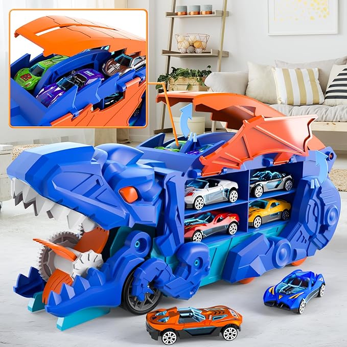 iHaHa Toddler Truck Toys for 3 4 5 6 Years Old Boys, Toys Cars Track Set Dinosaur Transporter Truck with 10 Die-Cast Car Toys, Transforms into Dino, Toddler Car Toys Set for Kids Boys Girls