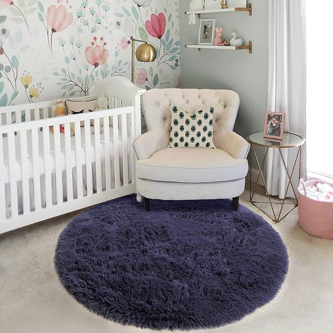 Purple Gray Round Rugs 5Ft for Bedroom Decor Aesthetic, Fluffy Fuzzy Circle Area Rug for Teen Boys, Baby Kids Playroom, Shaggy Fur Carpet for Living Room, Home Office, Nursery, Preppy Dorm, Classroom