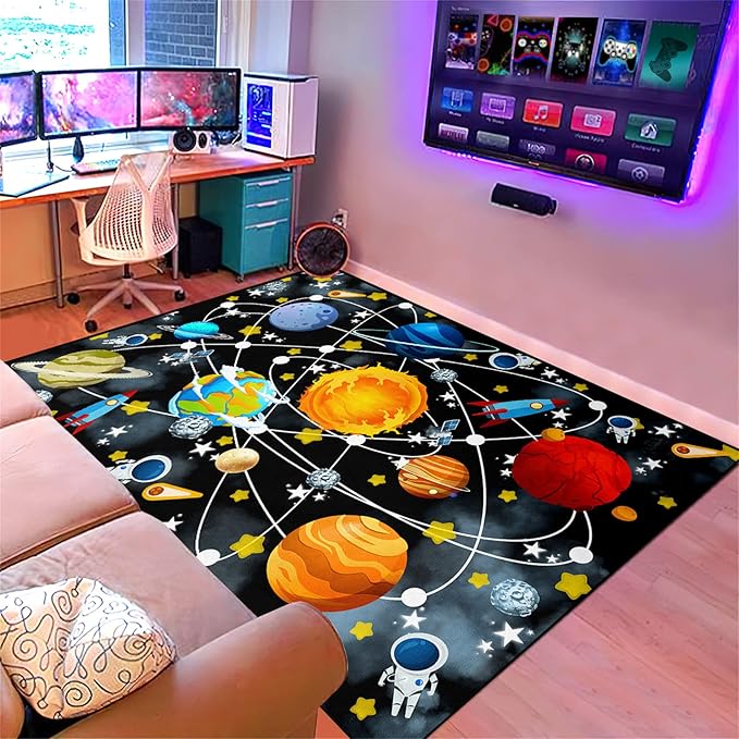 Blue Space Rugs Educational Learning Large Size Solar System Carpet Rugs Kids Rug for Bedroom Boys Space Area Rug Living Bedroom Dining Room Decor, 3'×4'