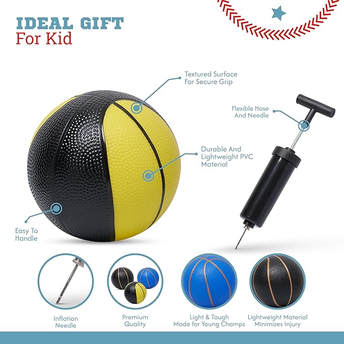 Botabee Mini Basketball - Set of 3 -Toy Basketballs with Manual Pump - Plastic Balls for Toddlers and Kids - Blue with Gold Lines + Black with Gold Lines + Black/Yellow with Gold Lines