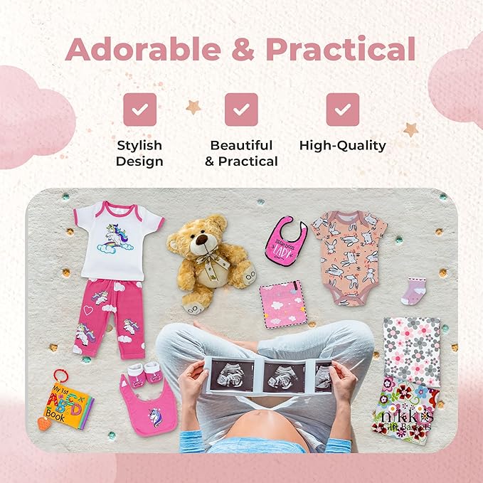 Deluxe 15-Piece New Baby Gift Basket | Newborn Baby Girl Gift Set for Expecting Moms & Parents | Baby Gift with Unicorn Clothing Set | Baby Gift Set with ABC Box | Nikki's Gift Baskets