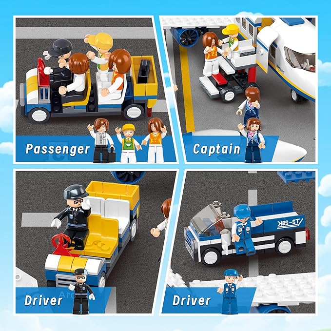 City Passenger Airplane Building Set, 4 in 1 STEM Toy with a Large Plane, Passenger Bus, Luggage Truck, Container Loader, and 7 Minifigures, Compatible with Lego Plane, Airport Gift for Boy 6+