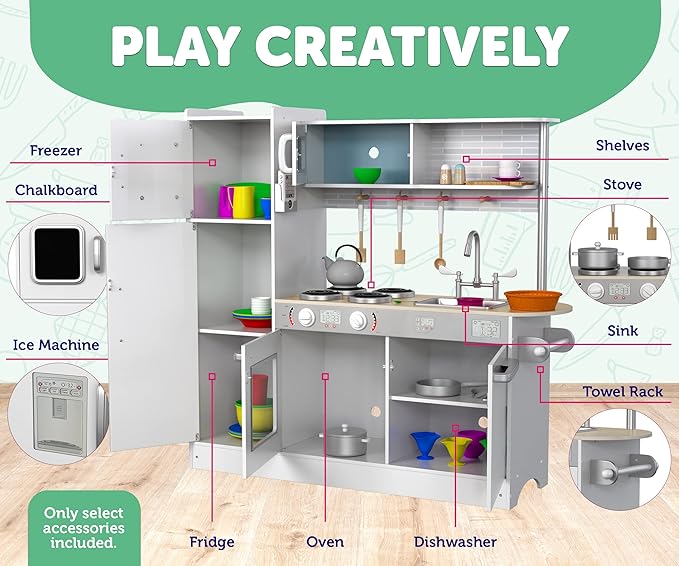 Play Kitchen - Wooden Kitchen Playset for Toddlers and Big Kids - Large Pretend Toy playset for Boys and Girls with Cooking Stove, Oven, Pots, Pans, Phone, Microwave, Fridge, Sink, Utensils - Ages 3-8