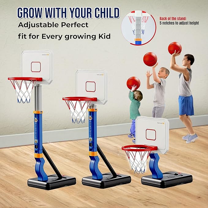 Toddler Kids Basketball Hoop, Height-Adjustable Indoor & Outdoor Portable Basketball Goal for Swimming Pool & Poolside Play, Playset for Boys & Girls with 4 Balls, 1 Gym Bag, 1 Pump, Blue