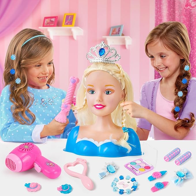 Hair Styling Doll Head Makeup for Girls Toys Kids Practice Pretend Play Beauty Set with Hairdryer Curling Iron Crown Brushes Comb Accessories Birthday Gifts for Girls 3 4 5 6+ Years Old Christmas