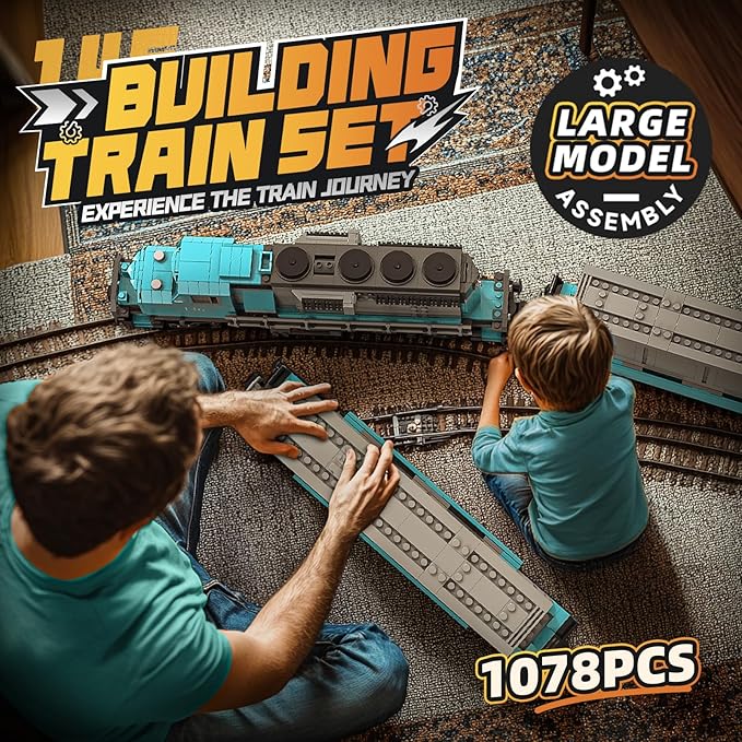 Train Building Block Set, Freight Cargo Internal Combustion Locomotive Model Building Toys, Gift for Kids Age 8+/Adult (1078 Pieces, with 32 Rails and Rechargeable Motor)