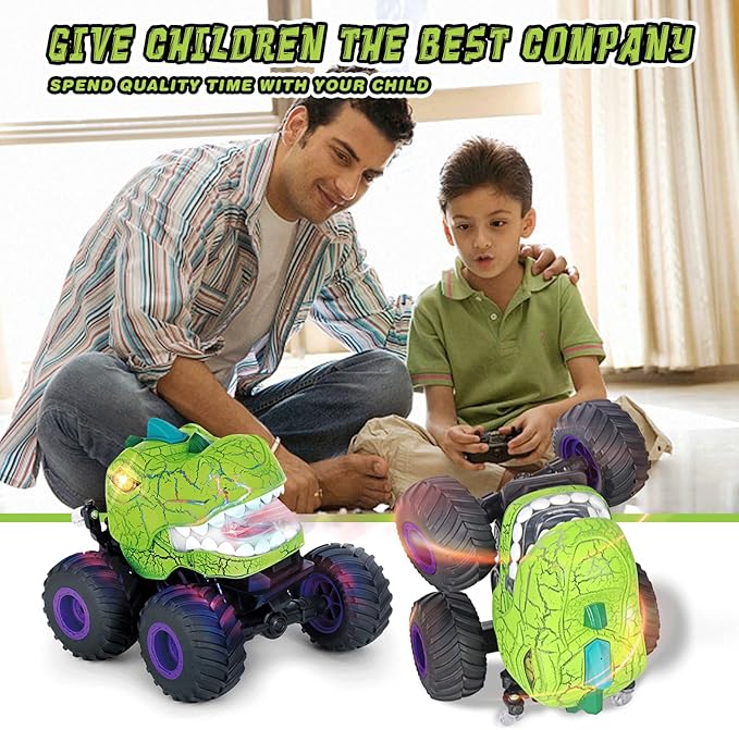 Dinosaur Remote Control Car, 360° Rotating RC Stunt Car Dinosaur Monster Truck Toys with Spray, Light & Sound,2.4GHz All Terrain Indoor/Outdoor Toys for Kids 3-12 Christmas & Birthday (Green)