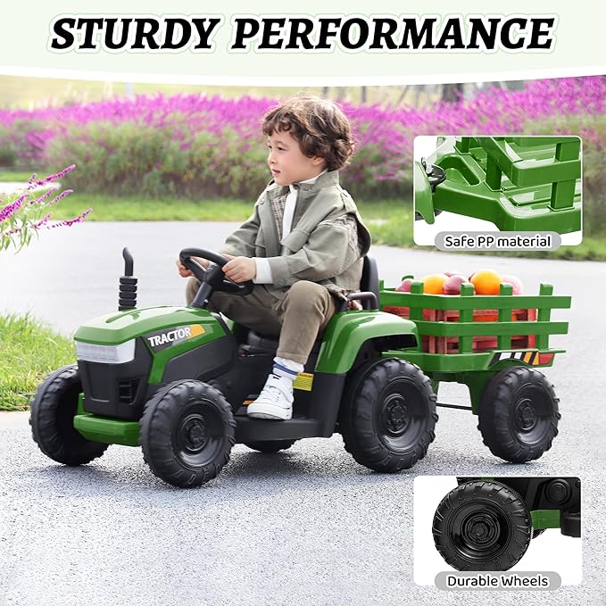 TOBBI Kids Electric Ride On Toy Tractor, 12v Battery-Powered 4 Wheels Ride On Car with Trailer, 35W Dual Motors/3-Gear-Shift/LED Lights/USB Audio Functions for Toddlers 3-6 Years-Dark Green