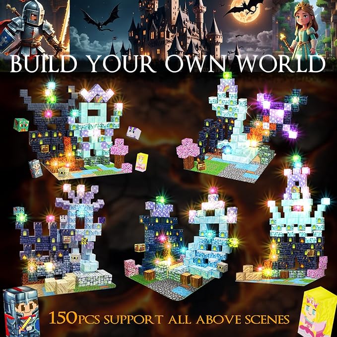 150 PCS Magnetic Building Toys, Magnetic Building Blocks with Light, magnetic cubes Princess & Knight Theme Light Up, STEM Sensory Stacking Build Mine Set for Kid Age 3+ (150pcs with 15 Flashing Cubes