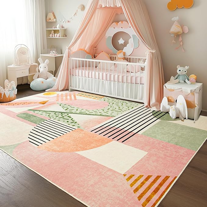 Tepook Pink Area Rug for Living Room, 5x7 Indoor Carpet for Bedroom Washable, Non-Slip Abstract Print Kids Rug for Nursery Playroom Classroom Dorm Office Dining Room