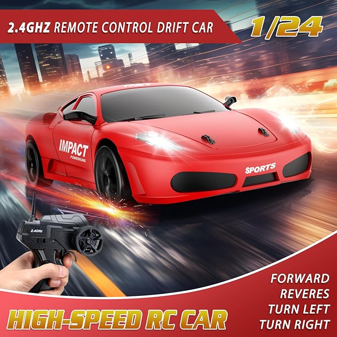 Remote Control Car RC Drift Car 2.4GHz 1:24 Scale 4WD 15KM/H High Speed Model Vehicle with LED Lights Drifting Tire Racing Sport Toy Car for Adults Boys Girls Kids Gift 2Pcs Rechargeable Batteries