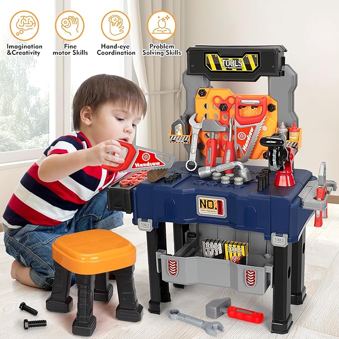 Kids Tool Bench Set with Electric Drill and Chair,Construction Workbench Toys for Toddlers 3-5,Kids Tool Play Set,Multifunctional Transformable Toolbox,Boy Gift for 3 4 5 Years Old