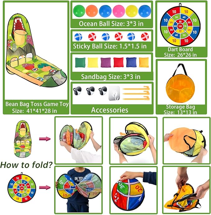 unanscre 3 in 1 Bean Bag Toss Game Toy Outdoor for Kids, Dinosaur Foldable Cornhole Board with Pop Up Basketball Game and Dartboard Set, Gift for Birthday/Xmas Party, Outside Toys for Toddlers Age 3+