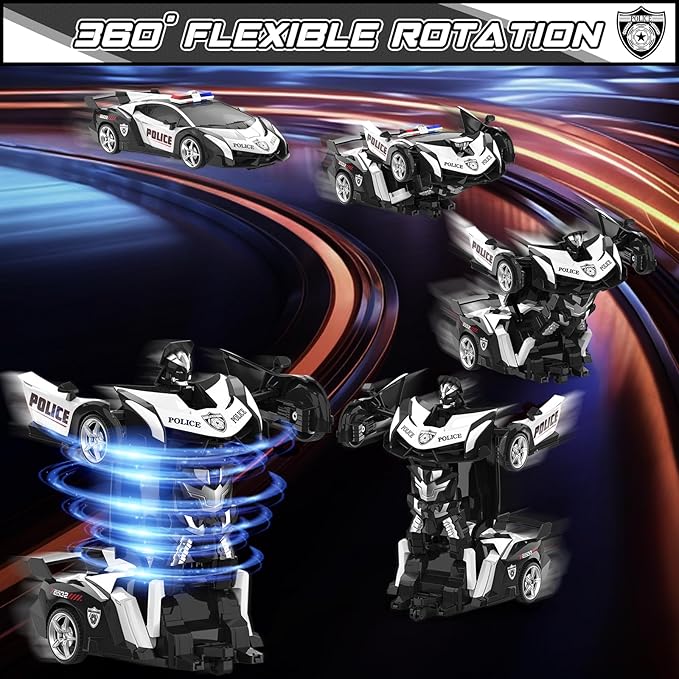 BLUEJAY Transform Rc Cars for Boys 4-7 8-12, 2.4Ghz Remote Control Car 1:18 Scale Transforming Robot, One-Button Deformation 360° Rotation Car Toy Gifts for Boys 3-5 (Police)