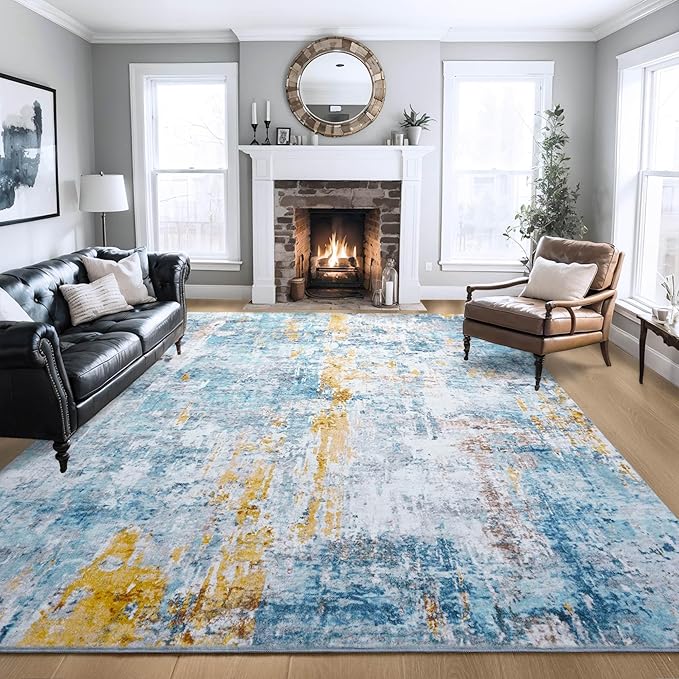 Ompaa Living Room Rug 6x9 Blue Area Rug Machine Washable Boho Rug Non Slip Abstract Vintage Indoor Large Rugs for Bedroom, Classroom, College Dorm, Farmhouse, Dining Room, Kids Playroom
