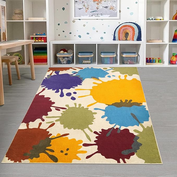 STARUIA Colorful Area Rug, 5'x7' Classroom Rug for Kids, Paint Splash Washable Rug for Playroom, Non-Slip Rainbow Nursery Rug Soft Living Room Carpet for Bedroom Dining Room Kids Room