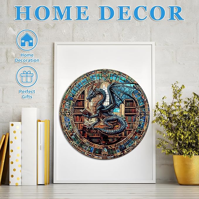 KAAYEE Wooden Puzzles for Adults-Dragon Library Wooden Jigsaw Puzzle Unique Shape Wooden Puzzle Wood Puzzle for Adults,Family Puzzles for Adults (S-8.5 * 8.5in-100pcs)