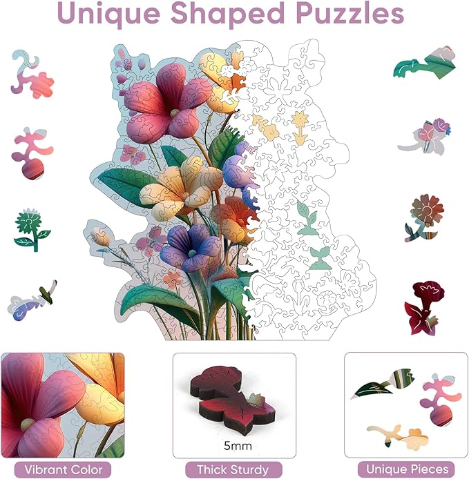 Colorful Flower Bouquet 500 Pieces Wooden Jigsaw Puzzles for Adults Unique Irregular Shape Fun Challenging Puzzles for Kids and Couples on Birthday, Father's Day, Christmas 16.4”x16.9”