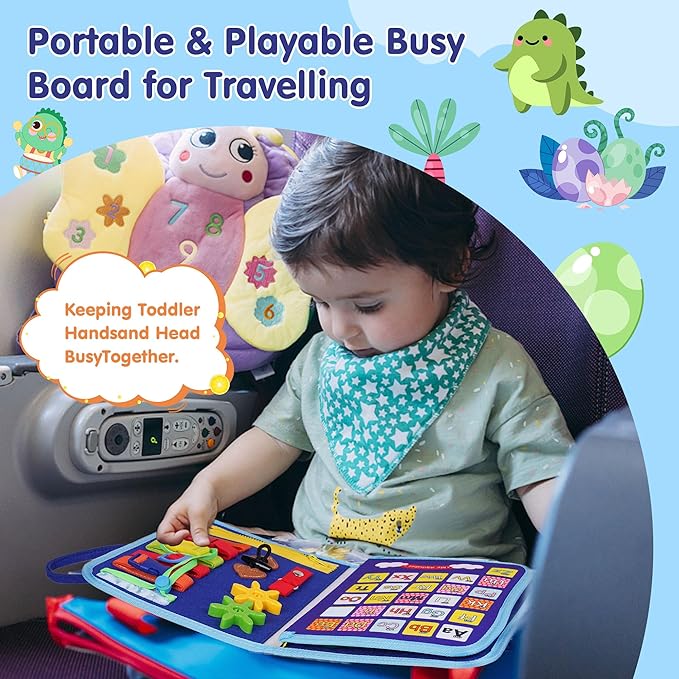 iooo Toddler Busy Board Montessori Toys for 1 2 3 4 Year Old, Sensory Board with Buckles Educational Activities for Learning Fine Motor Skills, Gifts Toy for Girls Boys for Airplane Car (Blue-3)