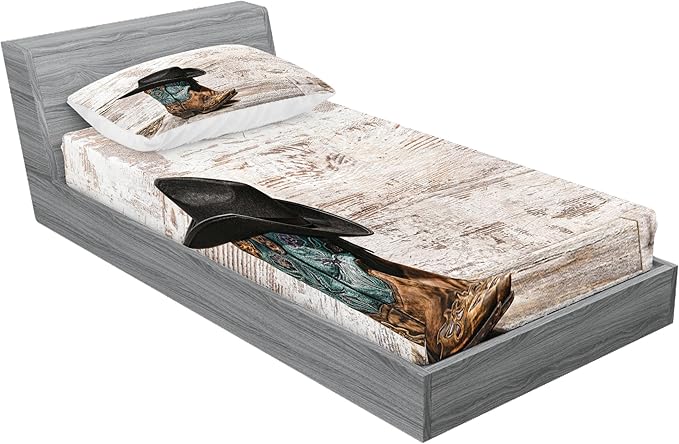 Ambesonne Western Fitted Sheet & Pillow Sham Set, Traditional Rodeo Cowboy Hat and Cowgirl Boots Retro Grunge Background Art Photo, Decorative Printed 2 Piece Bedding Decor Set, Twin, Black Brown