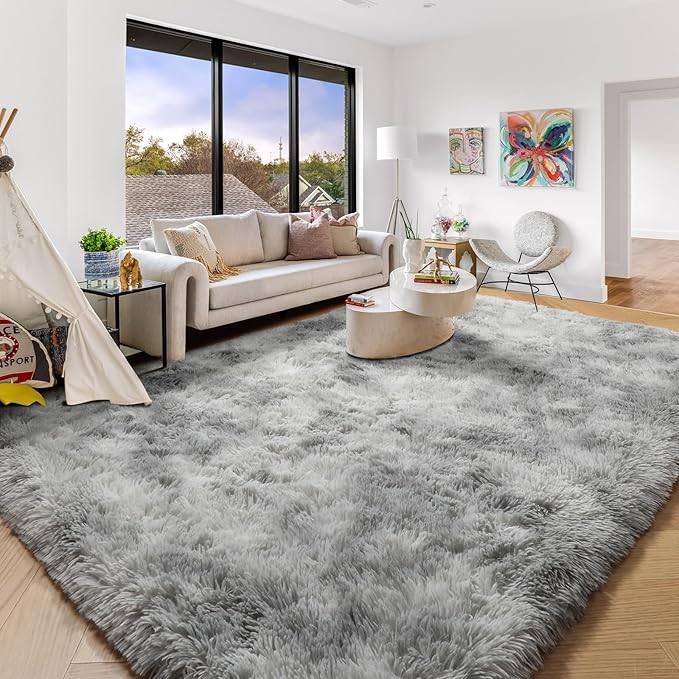 Amdrebio Tie-Dyed Light Grey Area Rug for Bedroom, Soft Shag Furry Rug 5x8 for Living Room, Fluffy Fuzzy Rugs for Kids Room Decor, Modern Shaggy Carpet for Classroom Office, Plush Indoor Rug