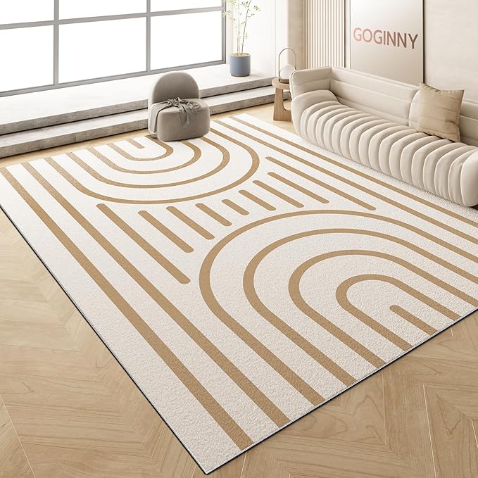 Washable 4x6 Minimalist Area Rug for Living Room, Tan White Modern Artistic Abstract Large Rug, Ultra Thin Low Pile Lightweight Soft Indoor Floor Carpet with Nonslip Backing for Bedroom Kids Play Room