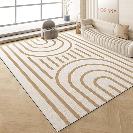 Washable 4x6 Minimalist Area Rug for Living Room, Tan White Modern Artistic Abstract Large Rug, Ultra Thin Low Pile Lightweight Soft Indoor Floor Carpet with Nonslip Backing for Bedroom Kids Play Room