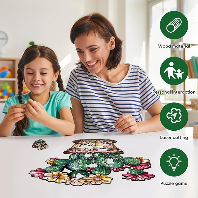 Stained Glass Cactus Wooden Puzzles for Adults, 200 Pieces Jigsaw Puzzles, Unique Shaped Medium Size Liberty Wood Puzzle Gift for Adults and Kids, Family Game 11.3'' x 13.2''